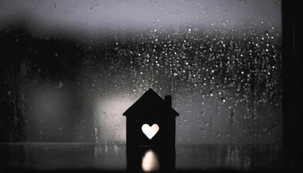 Regenglas abstrakter Hintergrund mit Herzform und Haussilhouette