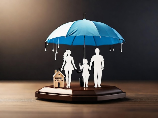 Regenschirm-Symbol und Familienmodell Sicherheitsschutz und Krankenversicherung Das Konzept des Familienhauses