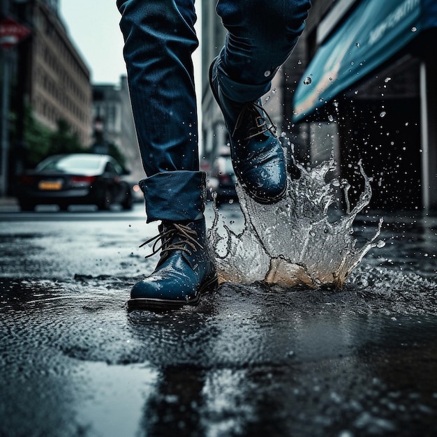 Regenschuhen und Wasser spritzen in der Stadtstraße Ai erzeugte Schuhe der Person im städtischen Sturm