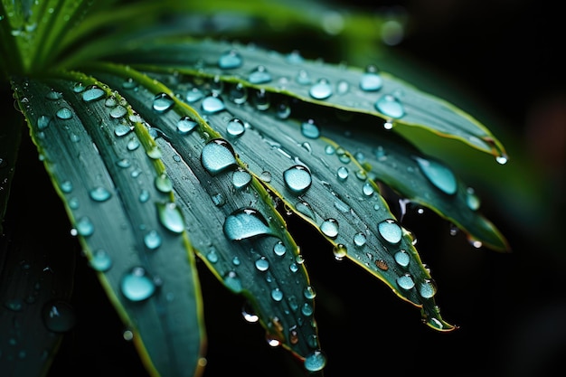 Regentropfen auf Blättern mit vergrößerter Fokusansicht