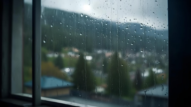 Regentropfen auf dem Fenster Bergblick im Hintergrund generative KI