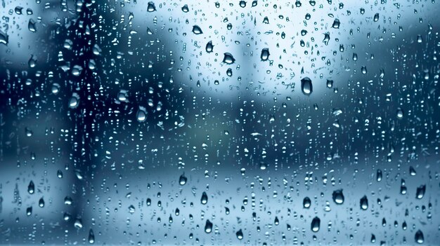 Regentropfen auf dem Fenster Blau Ton