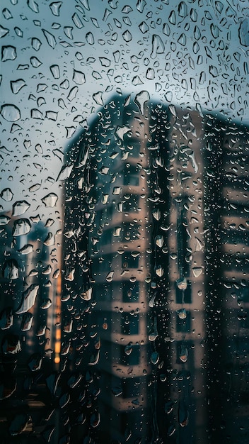 Foto regentropfen auf dem fenster eines wohnhauses städtische regentagsszene vertikale mobile tapeten