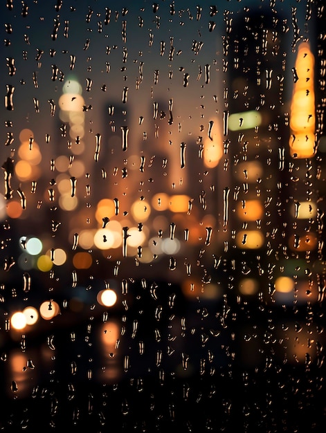 Regentropfen auf dem Glas gegen die Abendlichter der Stadt