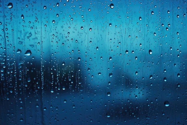 Regentropfen auf dem Glas mit Stadtlichtern im Hintergrund abstrakter Hintergrund Regentropfen auf dem Fenster Blauer Ton KI generiert