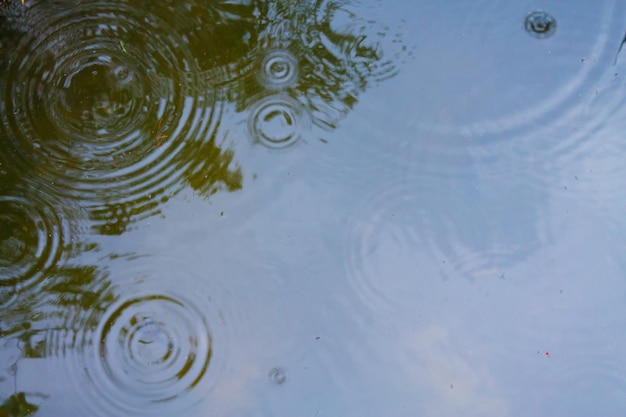 Regentropfen auf der Wasseroberfläche in einer Pfütze mit abgestuftem Schlagschatten und Reflexion des blauen Himmels