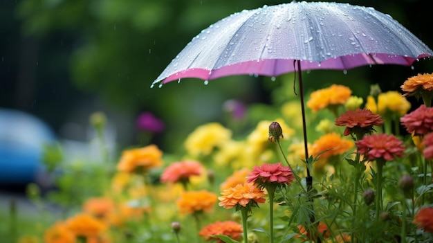 Regentropfen auf einem durchsichtigen Regenschirm über einem Blumengarten