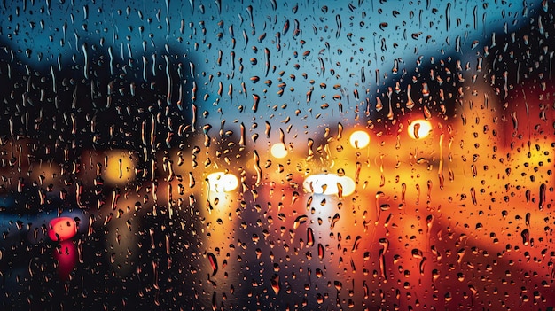 Regentropfen auf einer Fensterglasstadt und Verkehr