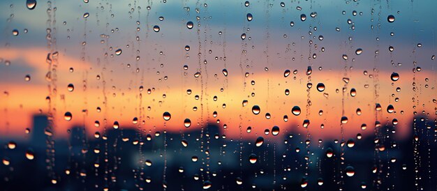 Regentropfen auf Fensterglas mit Stadtbild im Hintergrund bei Sonnenuntergang