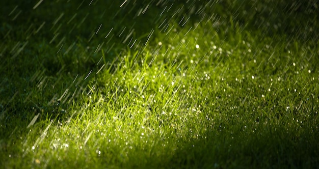 Regentropfen fallen auf das grüne Gras im Park