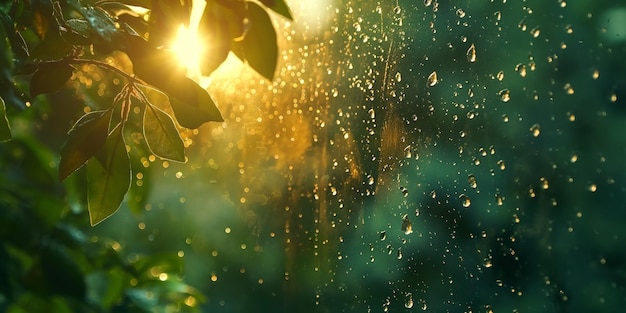 Foto regentropfen kleben mit sonnenlicht an den fensterfenstern mit baumzweigen