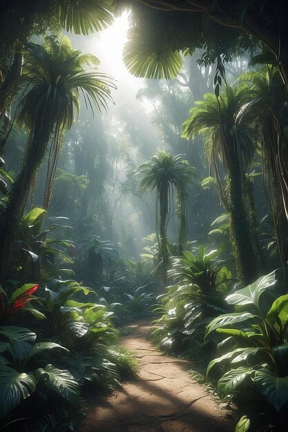 Foto regenwald mit tropischen pflanzen im sonnenlicht, der mit generativer ki-technologie erzeugt wurde