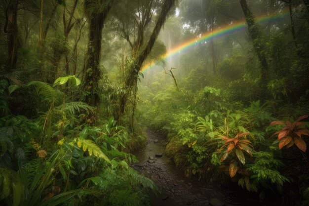 Foto regenwald regenbogen hohe bäume schlängelnde bäche farbenfrohe schmetterlinge generative ia