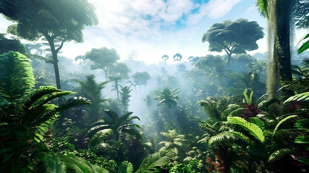 Regenwaldlandschaft mit Bäumen und Nebel zum Thema Naturschutz, Klimawandel und erneuerbare Energien, generative KI