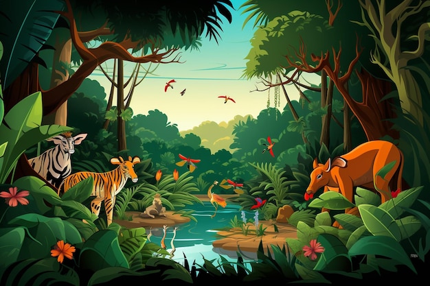 Foto regenwaldszene mit zeichentrickfilmen von wilden tieren