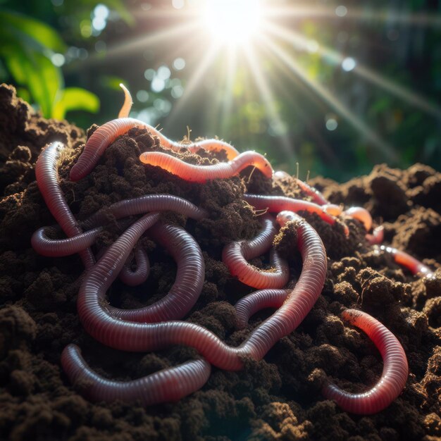 Regenwürmer im Boden vor dem Hintergrund des Sonnenlichts