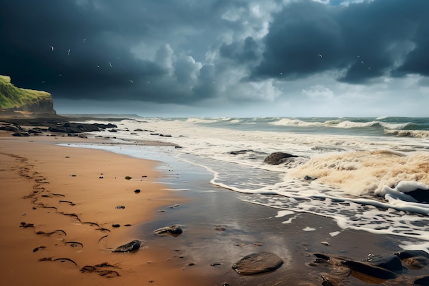 Regenzeit an der Küste des Ozeans Kalter Strand in einem regnerischen Wetter mit dunklem Himmel Verlorene Felsen