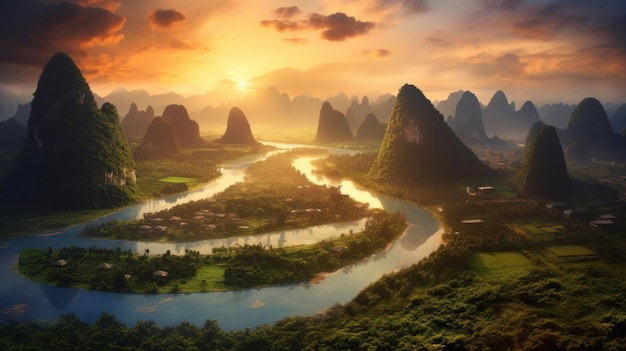 Foto região de guangxi da china montanhas cársticas e rio li em guilin