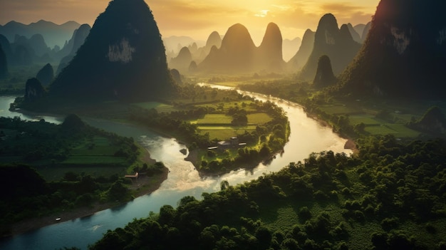 Região de Guangxi da China Montanhas cársticas e rio Li em Guilin