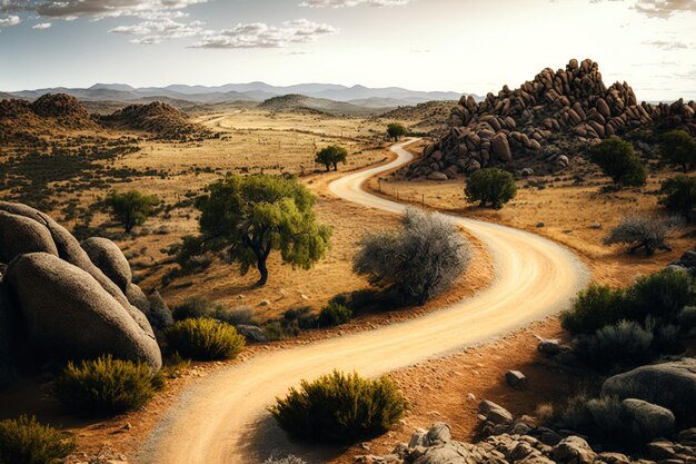 Região natural em Barruecos Extremadura, Espanha, com penhascos escarpados e uma estrada sinuosa