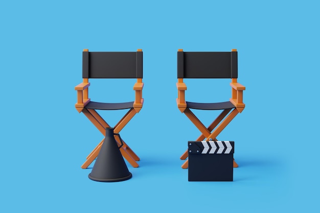 Regiestuhlklappe und Megafon auf blauem Hintergrund Konzept der Filmindustrie 3D-Rendering
