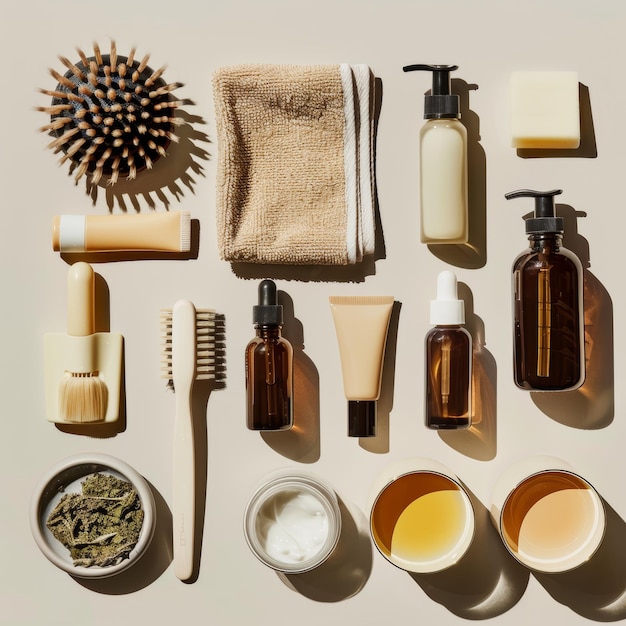 Foto regime de tratamento de cabelos minimalista máscaras flat lay serums ferramentas para o cuidado do cabelo essenciais
