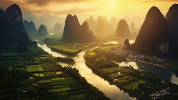 Foto región de guangxi de china montañas cársticas y río li en guilin