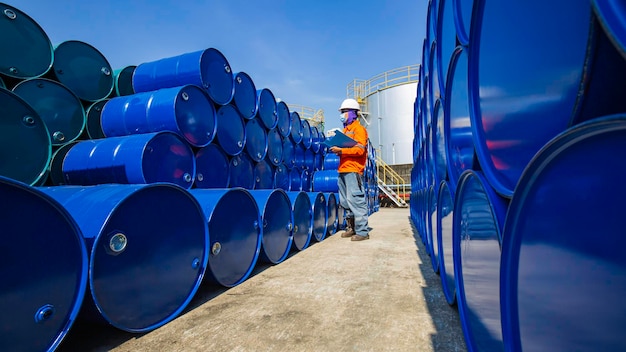 Registro de inspección de trabajadores masculinos barriles de existencias de aceite de tambor azul horizontal o químico