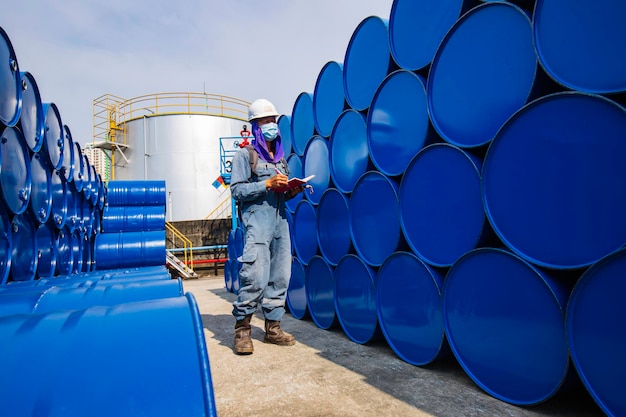 Registro de inspección de trabajadores masculinos barriles de existencias de aceite de tambor azul horizontal o químico