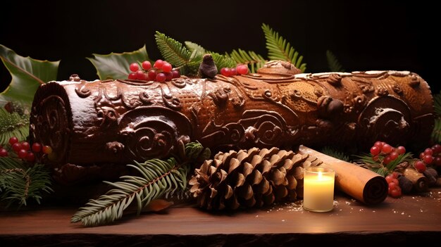 Foto registro tradicional de bolo yule de chocolate de natal com decorações festivas em fundo de madeira