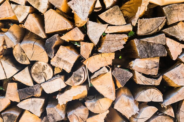 Registros de madera cuidadosamente apilados como fondo y textura natural.