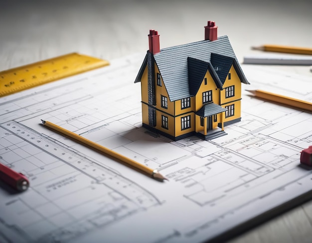 Foto regla de lápiz modelo de casa sobre fondo blanco para diseño y construcción arquitectónica