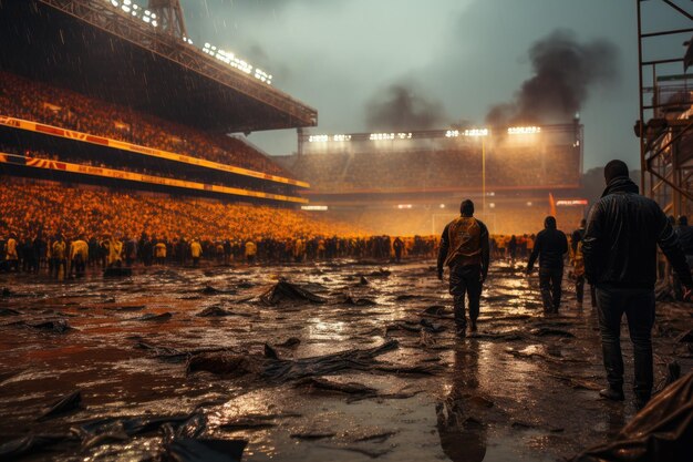 Regnerische Stadionspieler in Aktion glühende Menge generative IA