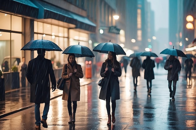 Regnerische Stadt Fußgänger gehen mit Regenschirmen Abendverkehr verschwommen leichter Regentropfen auf dem Fenster