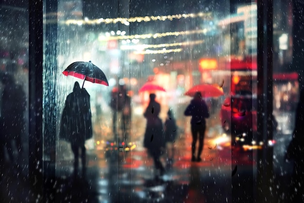 regnerische stadt, fußgängerweg mit regenschirmen abendverkehr verwischt leichte regentropfen auf fenster