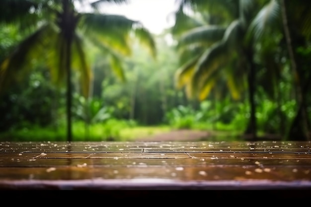 Regnerische tropische Umgebung Leerer Holztisch Generative KI