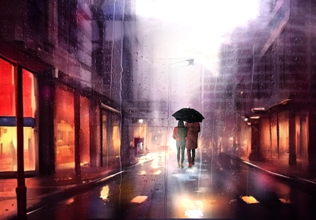 Regnerischer Straßenmann und Frauen mit Regenschirm gehen auf abendlichen Schaufenstern verschwommenes Licht