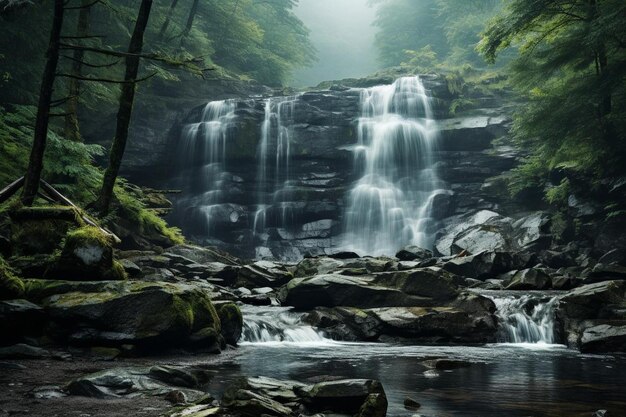 Regnerischer Tag mit Wasser, das über einen felsigen Wasserfall strömt