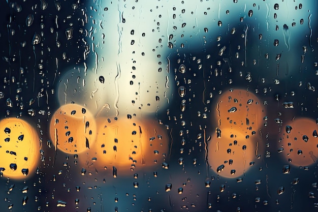 Regnerisches Wetter mit Regentropfen auf einem Fenster vor einem Hintergrund aus Regen und Bokeh