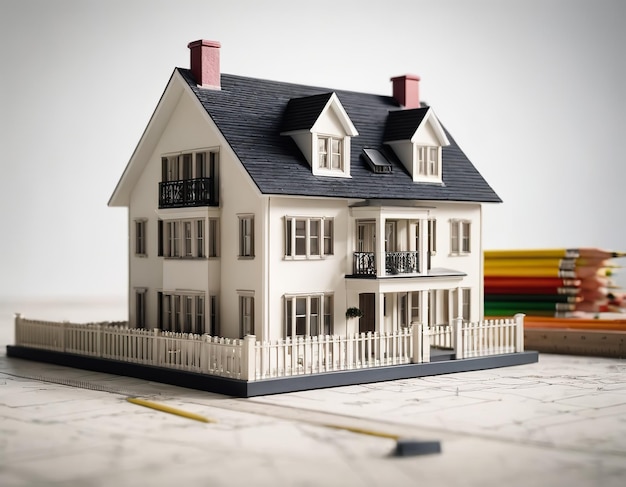 Regra de lápis de modelo de casa em fundo branco para design arquitetônico e construção