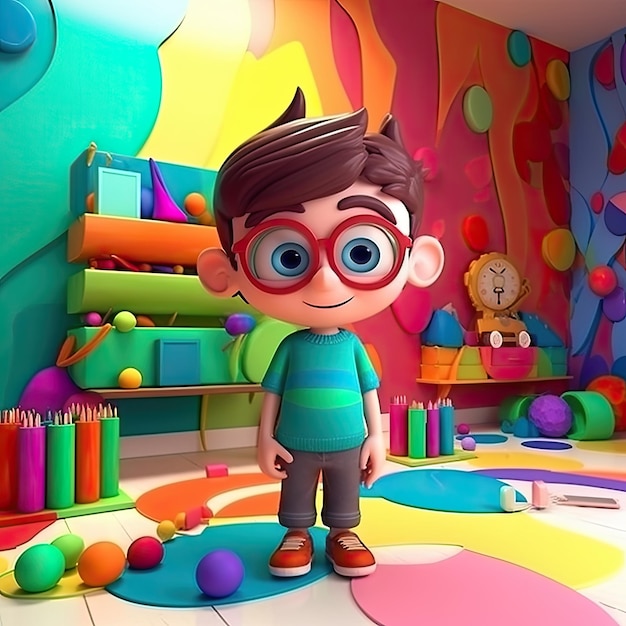 Regreso a la escuela con un alegre personaje de dibujos animados en 3D de un niño pequeño sobre un fondo colorido IA generativa