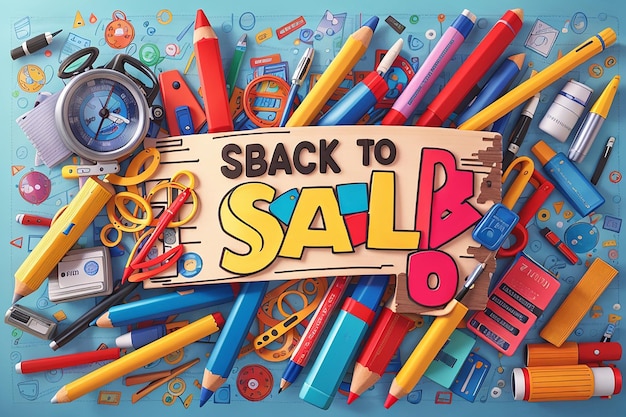 Foto regreso a la escuela banner de venta con lápiz de colores y otros artículos de aprendizaje en garabatos dibujados a mano
