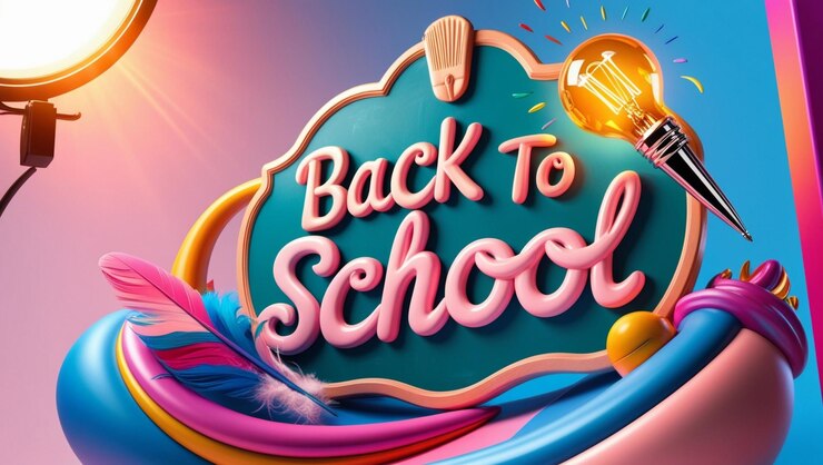 Foto regreso a la escuela diseño tabla de colores texto bombilla de luz pluma elementos del autobús escolar