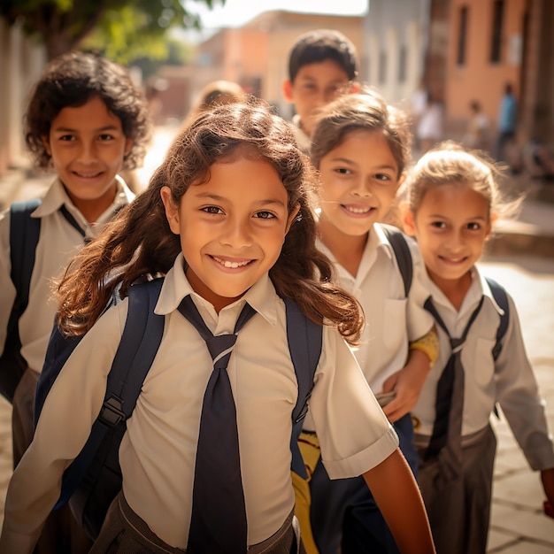 Regreso a la escuela Escolares corriendo en la calle en el estilo lúdico y el optimismo franco de Por