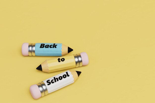 Regreso a la escuela Inicio del año escolar Lápices de colores sobre un fondo amarillo 3D Render