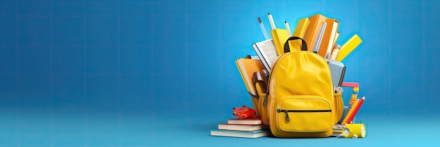 Regreso a la escuela Mochila amarilla con libros y material escolar sobre fondo azul.