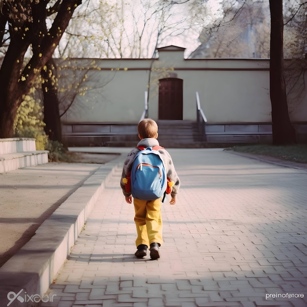 Foto regreso a la escuela niño con mochila yendo a la escuela con diversión