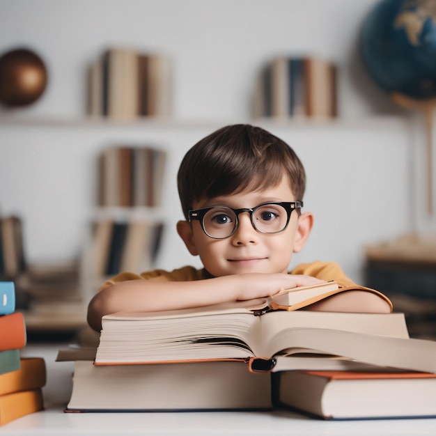 Regreso a la escuela, un niño pequeño con una pila de libros ansiosos por aprender sobre la mesa