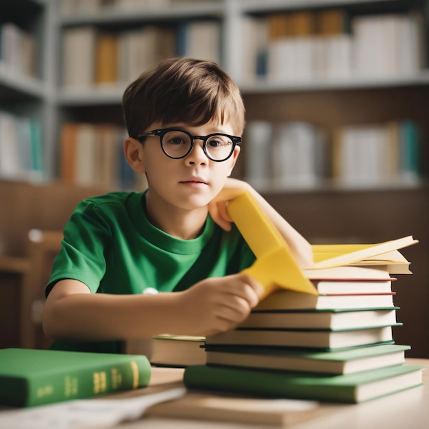 Regreso a la escuela, un niño pequeño con una pila de libros ansiosos por aprender sobre la mesa