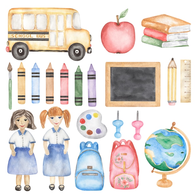 Regreso a la escuela set Clipart, acuarela autobús escolar, profesor, niña, libros, útiles escolares, ilustración de crayón, papelería, educación, globo, arte para niños